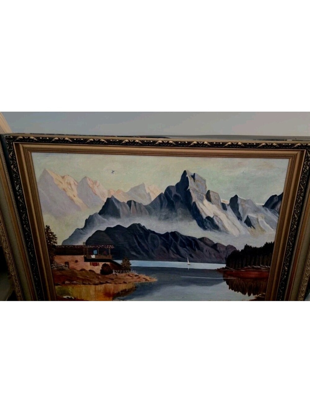 Original Oil On Canvas Painting Seascape Water Mountains Dwelling 33.5X27.5"
